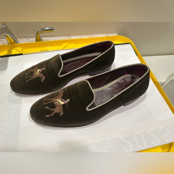 Ralph Lauren Purple Label Brown Velvet Embroidered Accent Collis Slippers- 10.5D - Picture 2 of 16